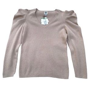 Anne Klein Tan Ribbed Sweater V Neck Puffed Sleeve NWT Women Size Large